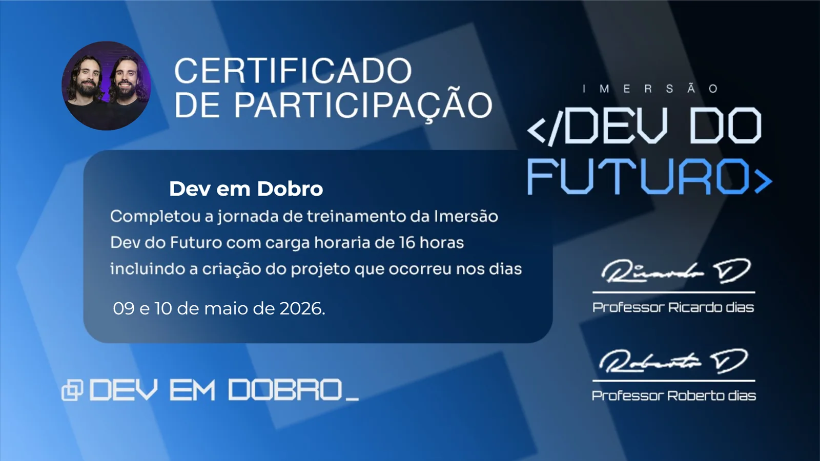 Certificado de participação da Imersão Dev do Futuro, emitido pela Dev em Dobro