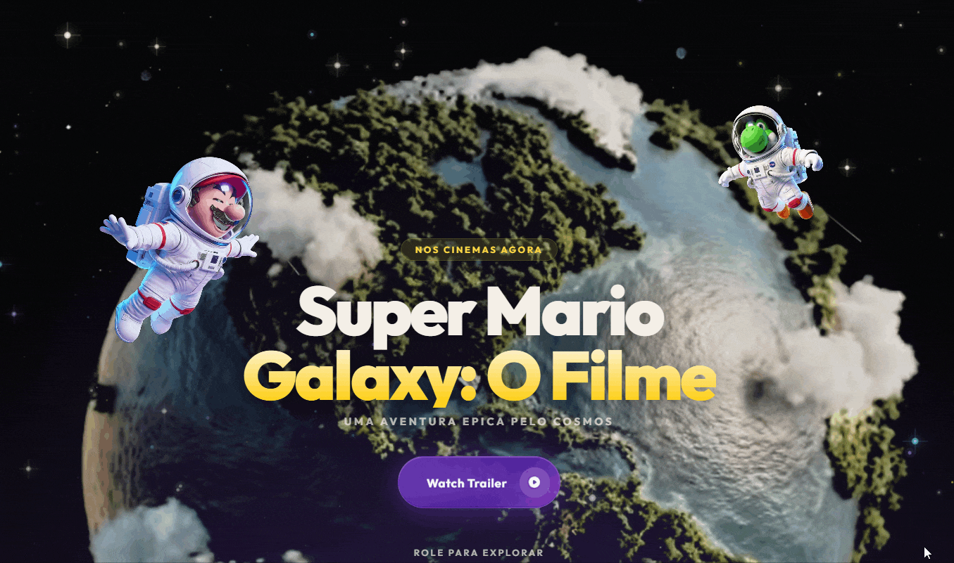 Preview animado da landing Super Mario Galaxy: O Filme — projeto que você vai construir na imersão em 2 dias